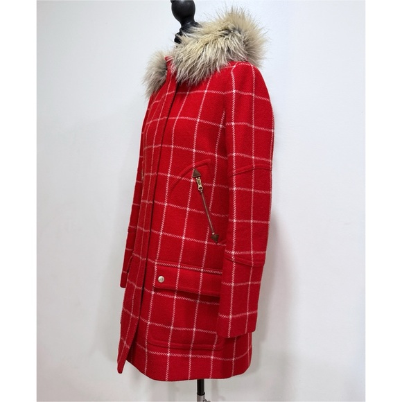 J. Crew Chateau Parka Red White Windowpane Plaid Removable Faux Fur Collar Coat - Picture 11 of 16